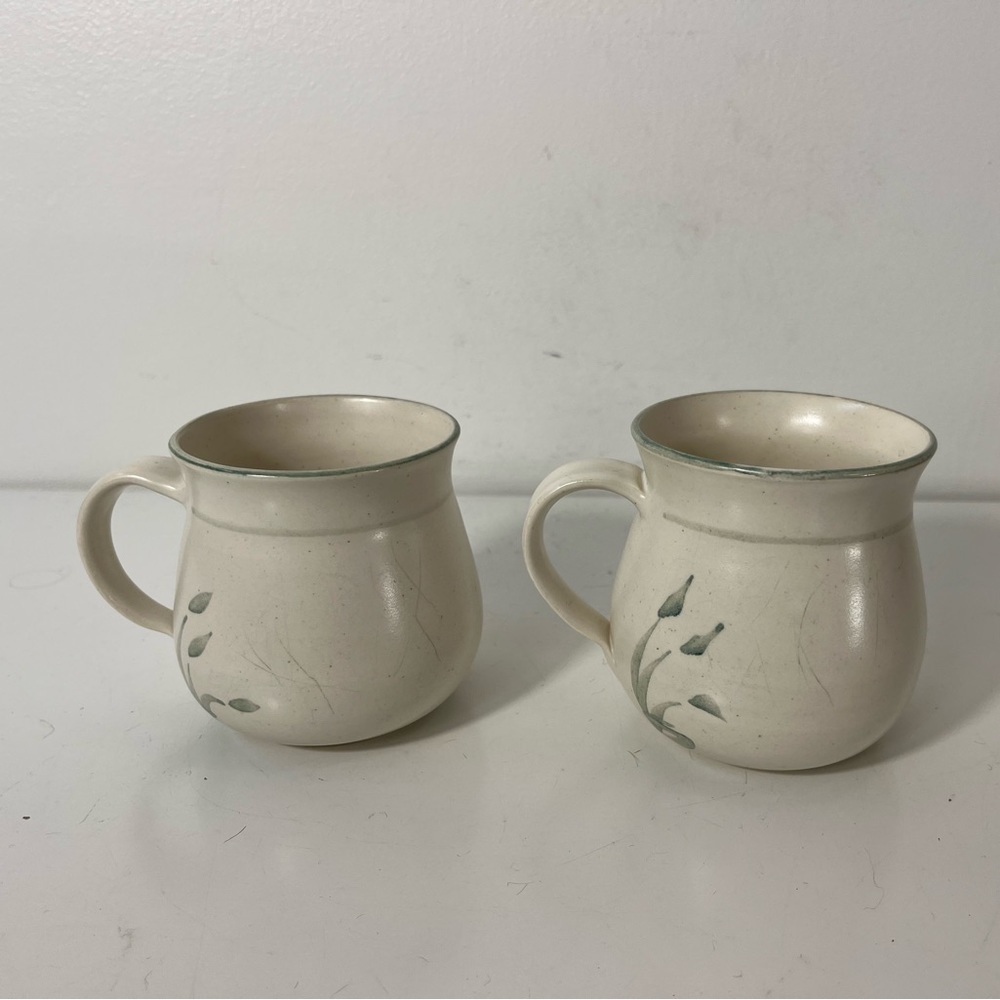 Set of 2 Matching Handmade Wheel Thrown Pottery Mugs Signed Cream Green
